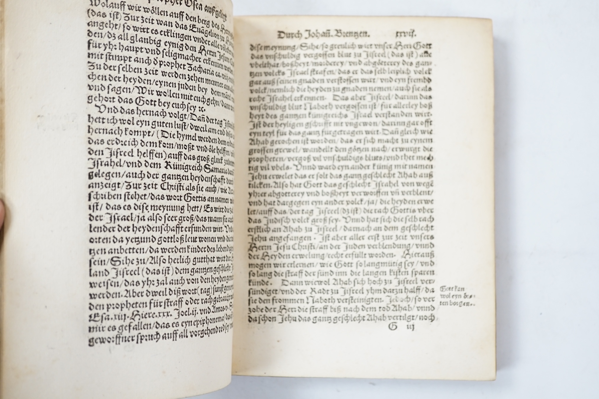 Brenz, Johannes - Der Prophet Osea, 8vo, vellum, lacking title (manuscript replacement), Johann Setzer, Hagenau, 1531